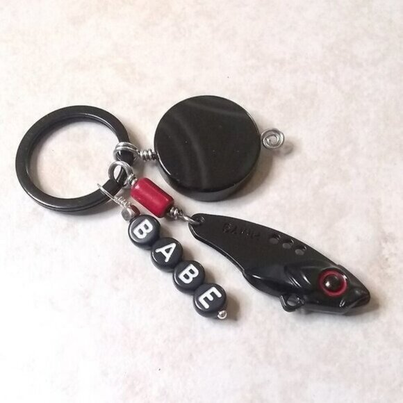 Fishing Dads Gift! Fishing Lure Key Chain - Unisex Black Key Ring w. His Name! - Picture 1 of 9